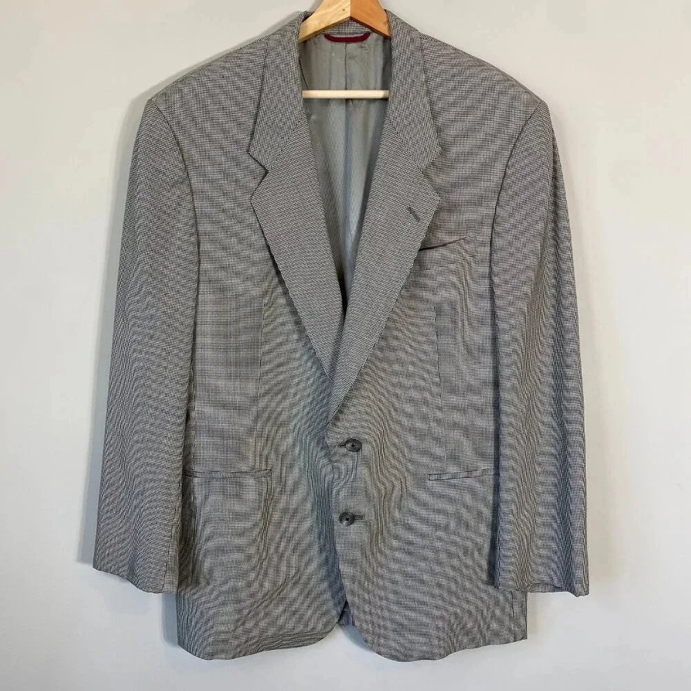 Hart Schaffner Marx Herringbone Wool Sport Coat Blazer Jacket 43L Black Ivory